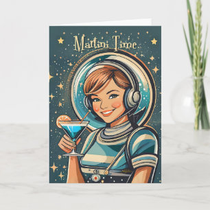 Retro Futuristische Astro Meisje Martini Tijd Kaart
