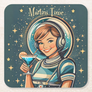 Retro Futuristische Astro Meisje Martini Tijd Kartonnen Onderzetters