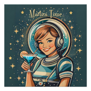 Retro Futuristische Astro Meisje Martini Tijd Perfect Poster