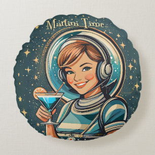 Retro Futuristische Astro Meisje Martini Tijd Rond Kussen