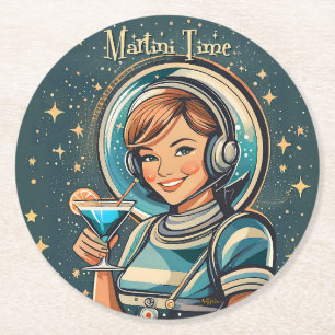 Retro Futuristische Astro Meisje Martini Tijd Ronde Kartonnen Onderzetter