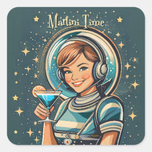 Retro Futuristische Astro Meisje Martini Tijd Vierkante Sticker