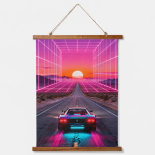 Retro Futuristische Auto Zonsondergang Muur Kunst Hangend Wandkleed