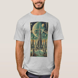 Retro Futuristische Buitenaardse Stad Postkaart Ku T-shirt