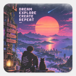Retro Futuristische Dromer Zonsondergang Avontuur Vierkante Sticker