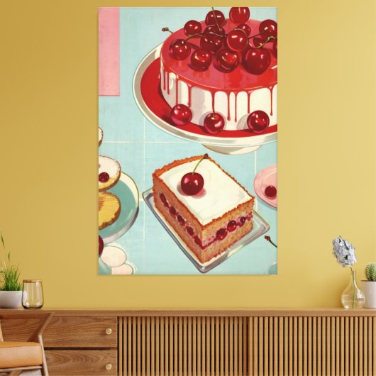 Retro futuristische kersentaart canvas afdruk (Insitu (Woonkamer))