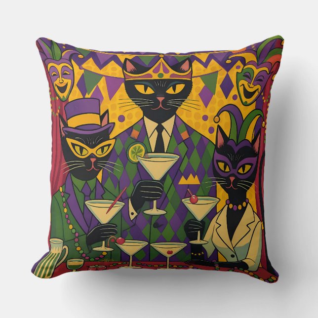 Retro Futuristische Mardi Gras Black Cat Martini C Kussen (Voorkant)