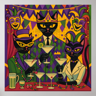 Retro Futuristische Mardi Gras Black Cat Martini C Poster