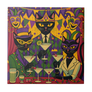 Retro Futuristische Mardi Gras Black Cat Martini C Tegeltje