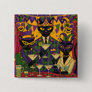 Retro Futuristische Mardi Gras Black Cat Martini C Vierkante Button 5,1 Cm