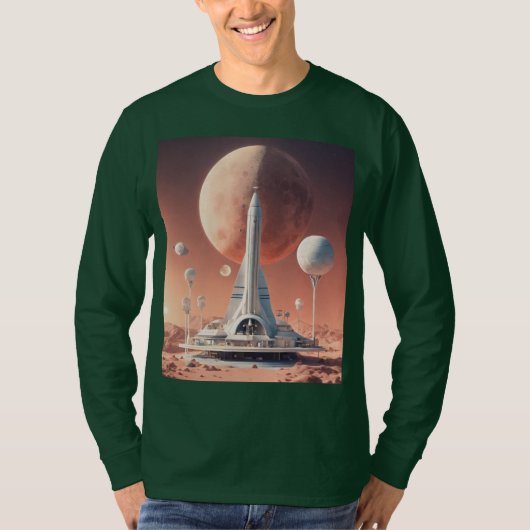 Retro-futuristische Moon Base T-shirt met lange mo (Voorkant)