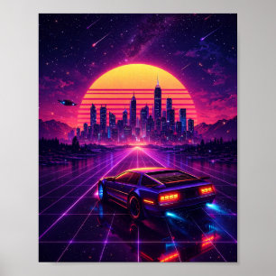 Retro Futuristische Neon Stad Auto Poster