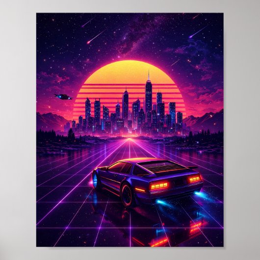 Retro Futuristische Neon Stad Auto Poster (Voorkant)