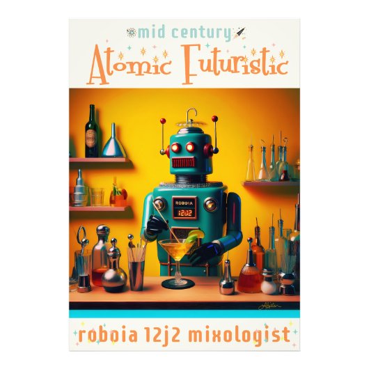 Retro Futuristische Robot ROBIA 12J2 Mixologist Foto Afdruk (Voorkant)