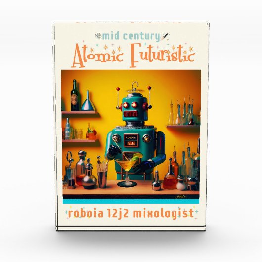 Retro Futuristische Robot ROBIA 12J2 Mixologist Fotoblokken (Voorkant)