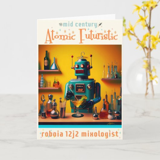 Retro Futuristische Robot ROBIA 12J2 Mixologist Kaart (Gele Bloem)