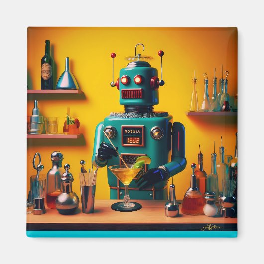 Retro Futuristische Robot ROBIA 12J2 Mixologist Magneet (Voorkant)