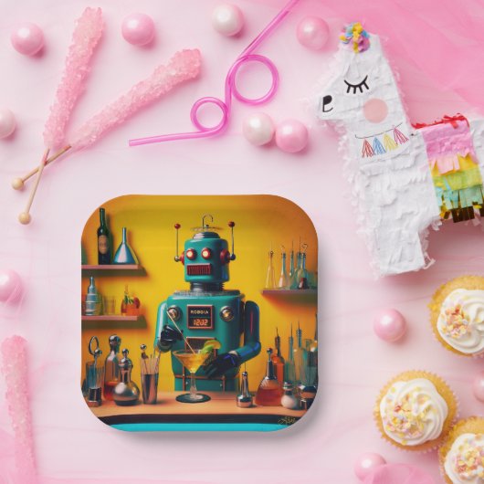 Retro Futuristische Robot ROBIA 12J2 Mixologist Papieren Bordje (Feest)