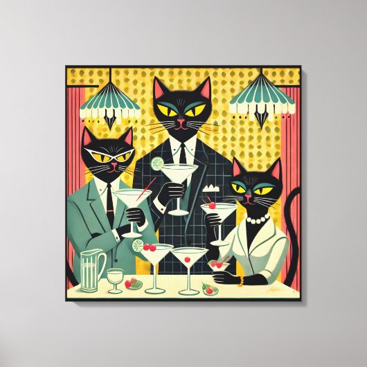Retro Futuristische Zwarte Kat Martini Club Canvas Afdruk (Voorkant)