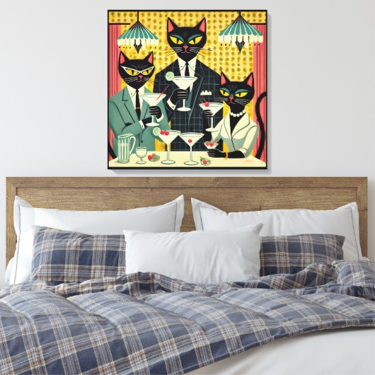 Retro Futuristische Zwarte Kat Martini Club Canvas Afdruk (Insitu (Slaapkamer))
