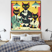 Retro Futuristische Zwarte Kat Martini Club Canvas Afdruk (Insitu (Slaapkamer))