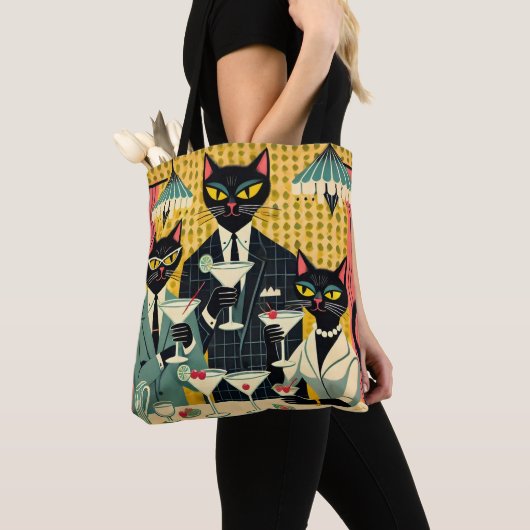 Retro Futuristische Zwarte Kat Martini Club Tote Bag (Dichtbij)