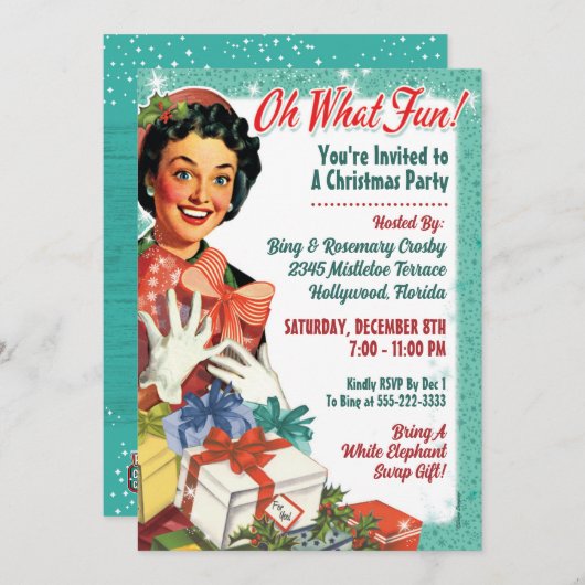 Retro Gal Kerstfeest Uitnodigen - Oh wat leuk! Kaart (Voorkant / Achterkant)