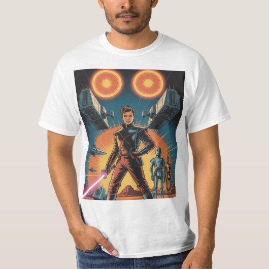 Retro Galactic Rebel T-shirt – Dual Suns & Droid (Voorkant)