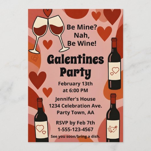Retro Galentine Be Wine Fun Party Personalized Kaart (Voorkant)