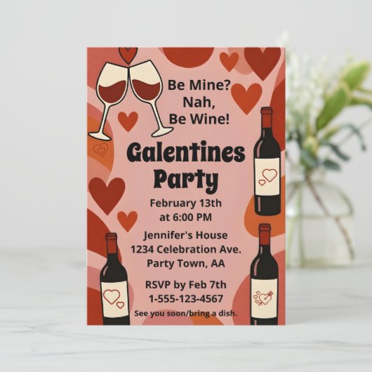Retro Galentine Be Wine Fun Party Personalized Kaart (Staand voorkant)