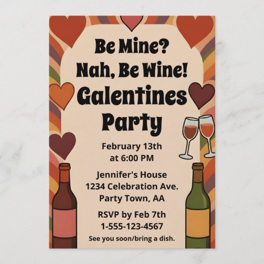 Retro Galentine Be Wine Funny Party Personalized Kaart (Voorkant)