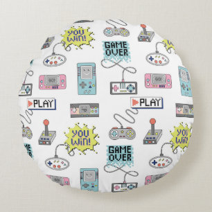 Retro Game Controllers: kleurrijk naadloos patroon Rond Kussen