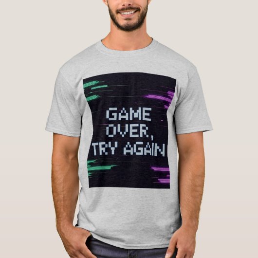 Retro Game Over T-Shirt – Blauw Glitchy Gamer Papa (Voorkant)