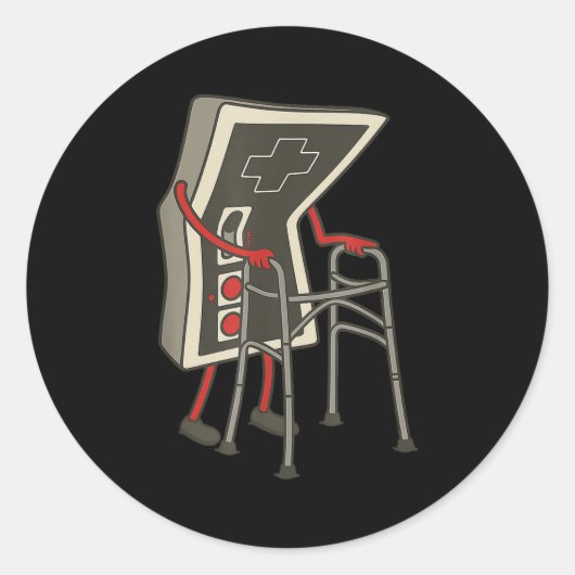 Retro gamecontroller oude gamer met rollator leuk ronde sticker (Voorkant)