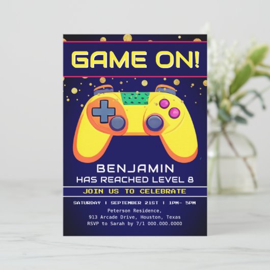 Retro Gamer Arcade verjaardagsfeestje uitnodiging (Staand voorkant)