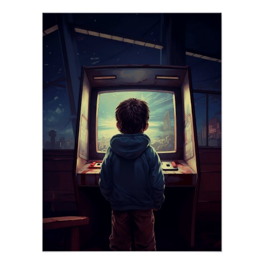 Retro Gamer Boy bij Arcade Machine Perfect Poster (Voorkant)