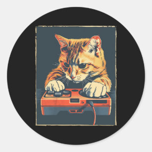 Retro Gamer Cat met Leuke Gaming Console voor Game Ronde Sticker