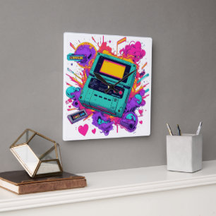 Retro Gamer Clock – 90s Neon Arcade Decor Vierkante Klok