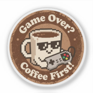 Retro Gamer Humor "Koffie eerst!" & "Game Over?" Sticker