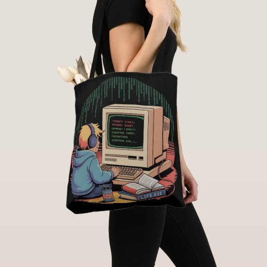Retro Gamer Kind op  Computer Pixel Art Tote Bag (Dichtbij)
