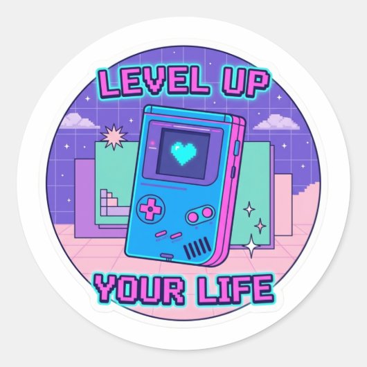 Retro Gamer Level Up Sticker - 8-Bit Pixel Art Des (Voorkant)