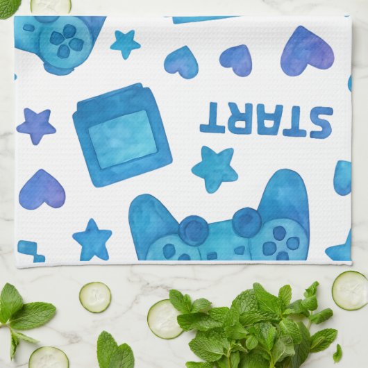 Retro Gamer Patroon Keuken Handdoek – Blauw (Gevouwen)