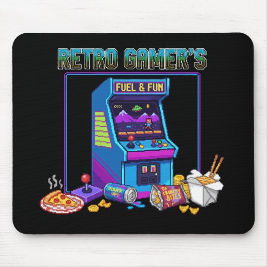 Retro Gamer's Fuel & Fun | 8-Bit Pixel Art Arcade Muismat (Voorkant)