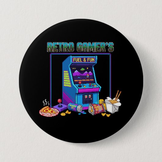 Retro Gamer's Fuel & Fun | 8-Bit Pixel Art Arcade Ronde Button 7,6 Cm (Voorkant)
