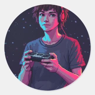 Retro Gaming Pixel Art Gamer Controller 8 Bit Nost Ronde Sticker