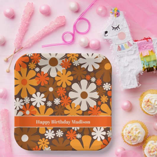 Retro Garden 70s 60s Bruin & Oranje Bloemen Patroo Papieren Bordje (Feest)