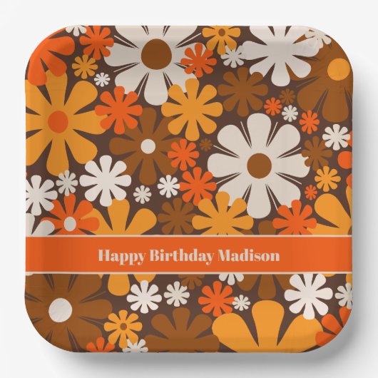 Retro Garden 70s 60s Bruin & Oranje Bloemen Patroo Papieren Bordje (Voorkant)