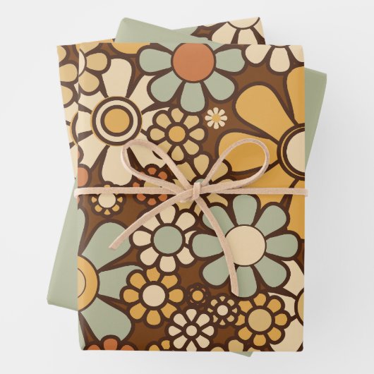 Retro Garden Chunky Flowers 60s 70s Floral Pattern Inpakpapier Vel (In situ)