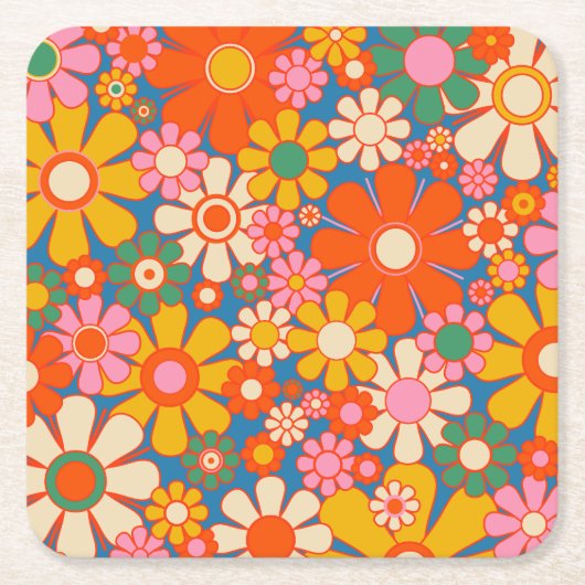 Retro Garden Colorful 60s Floral Pattern Kartonnen Onderzetters (Voorkant)
