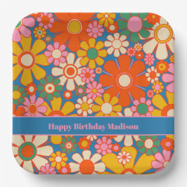 Retro Garden Colorful 60s Floral Pattern Papieren Bordje